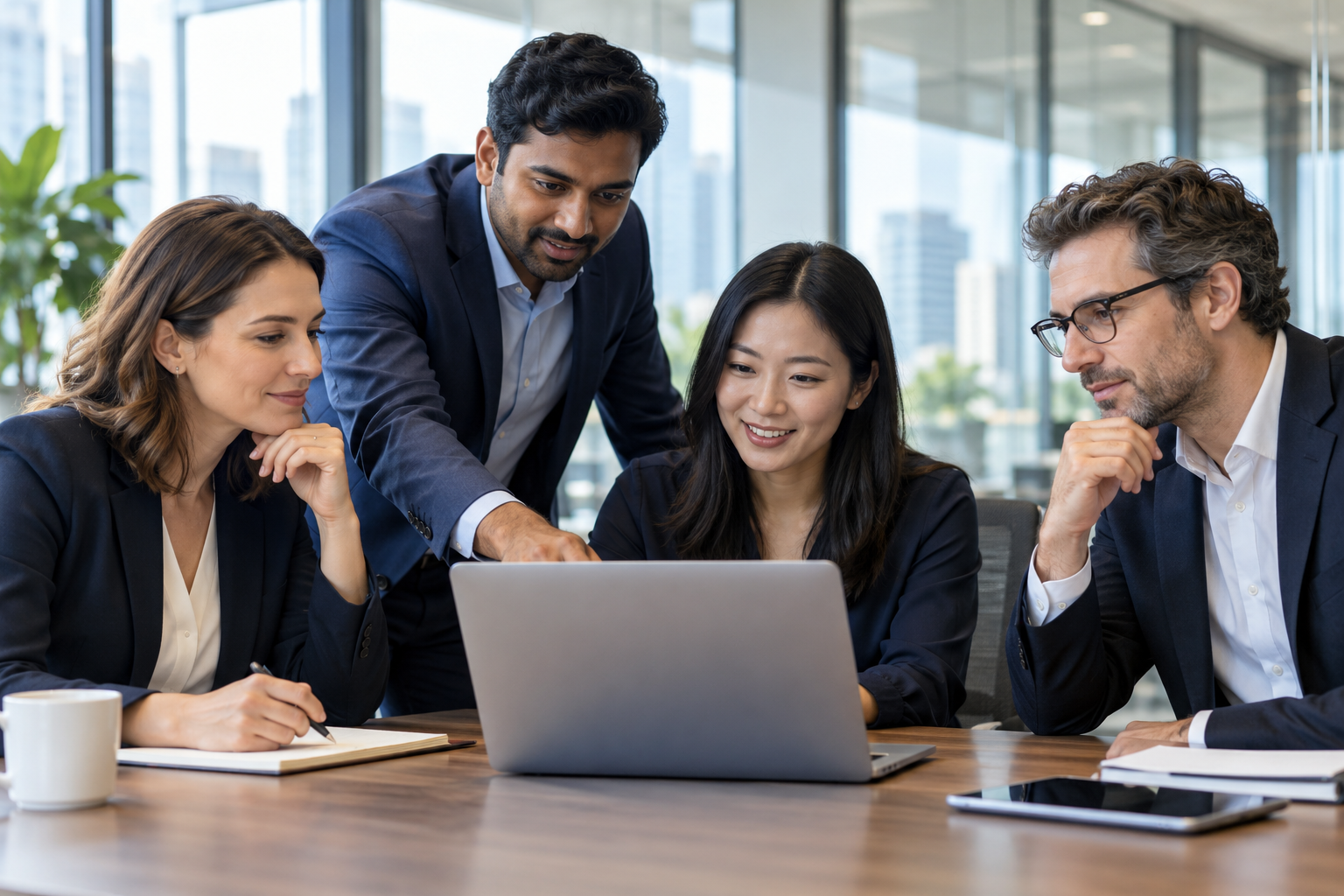 Business and technology professionals working together around a laptop